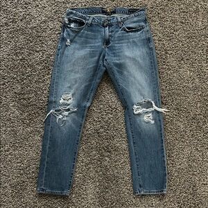 Blue Boyfriend Jeans with Distressed Rips and Cropped Length